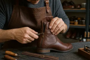 Sapateiro reparando o zíper de uma bota.